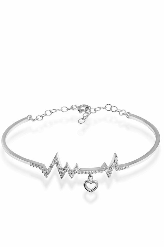 Elegant Sterling Silver Heartbeat Bangle with Heart Charm
