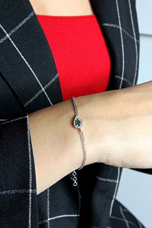Glamorous Sterling Silver Green Gemstone Studded Bracelet